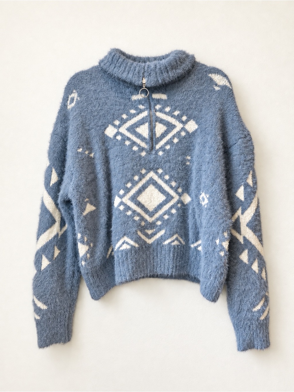 Jessica Simpson L Fuzzy Blue Cream Geometric Quarter Zip Sweater Cozy